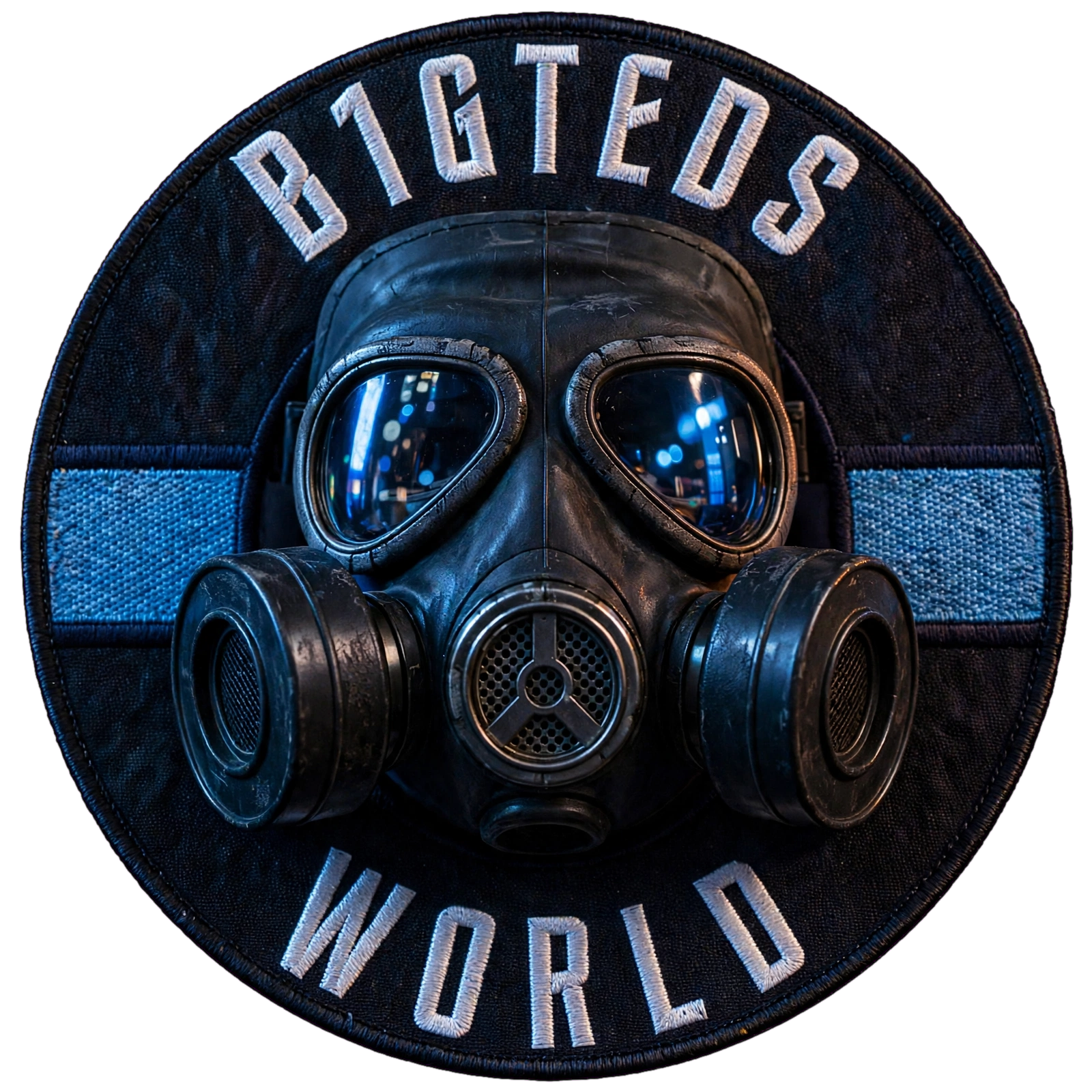 B1GTED'S WORLD patch logo featuring a gas mask and blue stripe